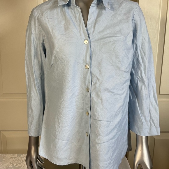 sigrid olsen so blue Tops - Sigrid Olsen 100% Linen Blouse Size Medium 3/4 Sleeves Collared Popover Blue